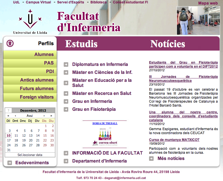 web Facultat Infermeria Website of Faculty of Nursing School of UdL